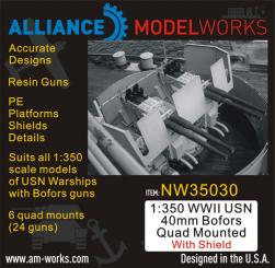 1:350 WWII USN 40mm Bofors Quad with shield (x6) 