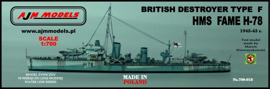 British destroyer Type F HMS Fame H-78 1942-43 
